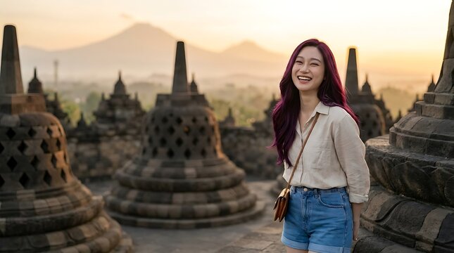 Young woman smiling happily at Borobudur Temple during sunrise, surrounded by ancient stupas and distant mountains.