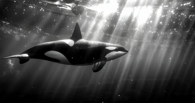 Black and white underwater photograph of an orca whale swimming in the ocean with light rays penetrating the water.