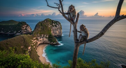 Fototapeta premium Monkeys perched on a tree branch overlooking a tropical beach at sunset.