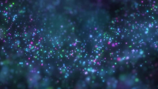 Abstract space-like background with floating colorful bokeh particles, soft blur, and glowing neon speckles in deep darkness
