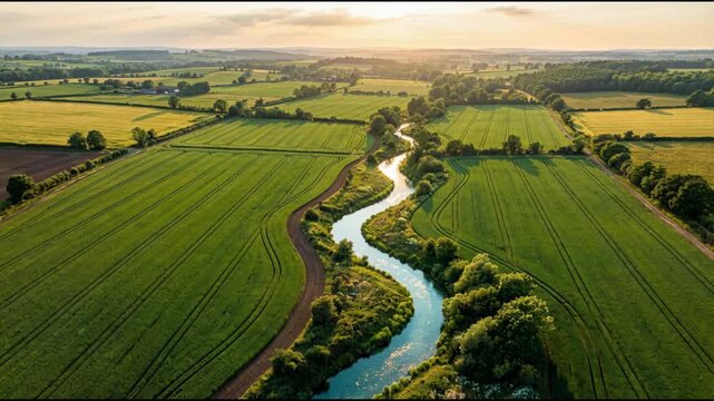 Aerial view of a winding river through green farmland at sunset, with patchwork fields, tree-lined banks and golden evening light for agriculture, landscape, and rural planning concepts