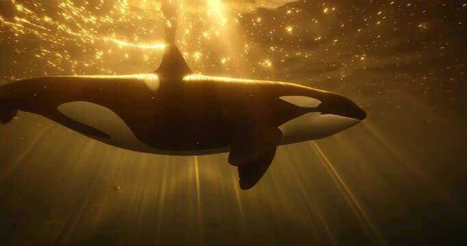 Orca whale swimming underwater illuminated by golden sunlight rays.