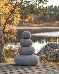Fototapeta premium Serene Stacked Stone Cushions by a Tranquil Lake Shore for Outdoor Yoga and Meditation Practice