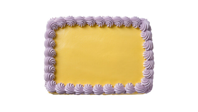 Rectangular yellow cake with purple frosting border, isolated on transparent background