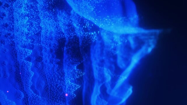 Futuristic blue particle landscape with glowing dots and depth, resembling a flowing digital wave or data terrain in cyberspace
