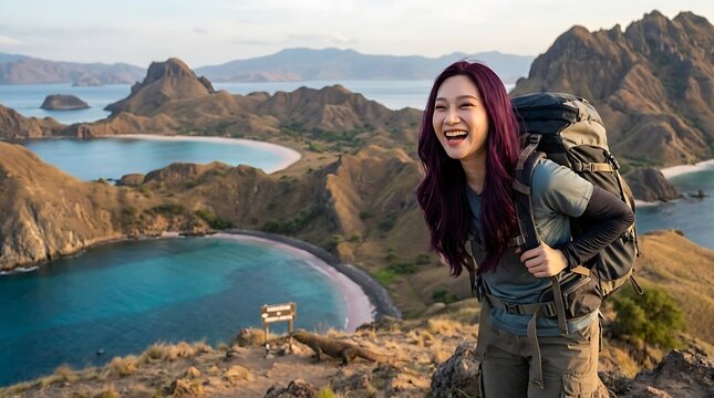 Smiling woman hiker with purple hair overlooking stunning island archipelago with turquoise bays and hills.