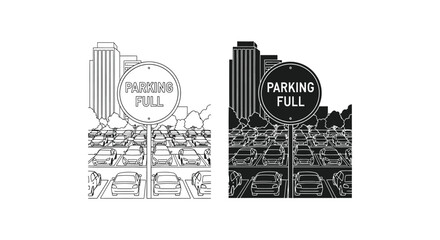 Naklejka premium Parking sign illustration with full parking lot and cityscape background
