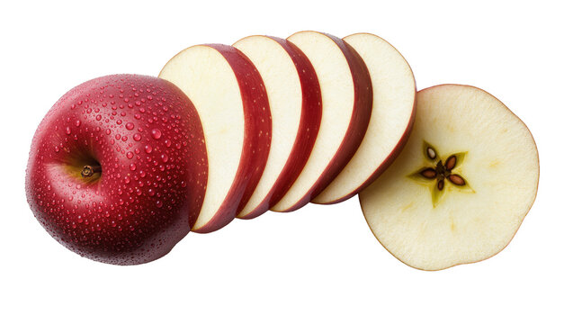 Whole red apple with water droplets sliced segments and cross-section showing seeds, isolated on transparent background