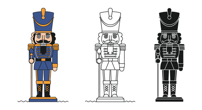 Soldier nutcracker toy in colorful illustration with black and white versions
