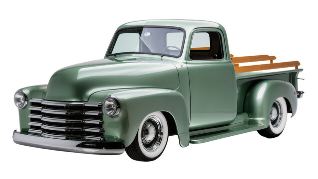 Classic green pickup truck with wooden bed rails, isolated on transparent background