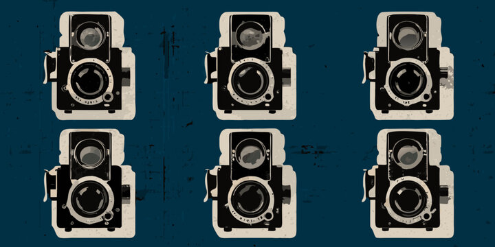 A repeating pattern of vintage twin lens reflex cameras on blue