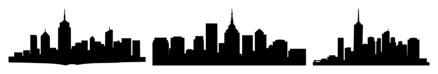 Obraz premium City skyline houses set with solid black icon on white background featuring line art, black and white illustration, minimalist with house and skyline