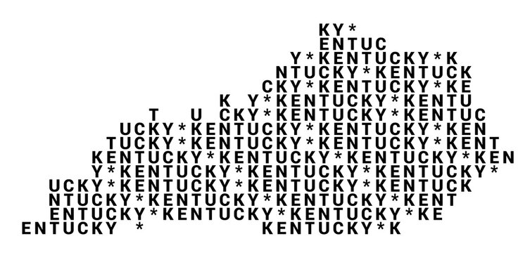 Typographic Map of the State Kentucky (USA) with a pattern of capital letters that only show the name of the state