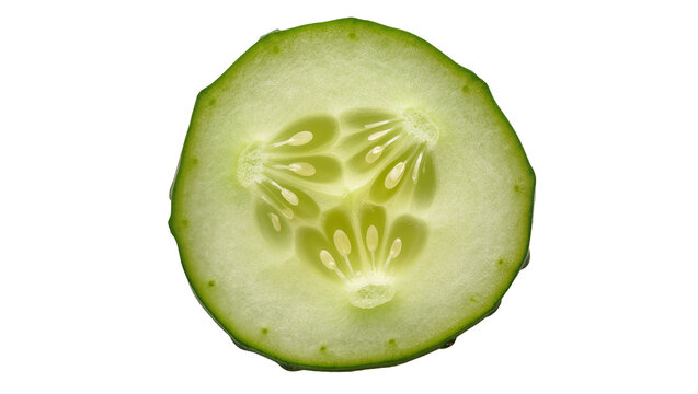 Fresh green cucumber slice with visible seeds, isolated on transparent background
