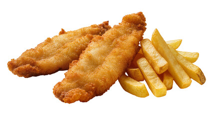 Golden crispy fried fish fillets with thick cut french fries, isolated on transparent background © PROSTOCK