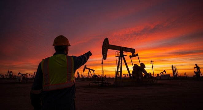 Oil field worker overseeing operations at sunset with pump jacks.