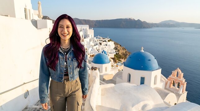 Smiling young woman with purple hair walking through the iconic white and blue buildings of Santorini, Greece, overlooking the Aegean Sea.