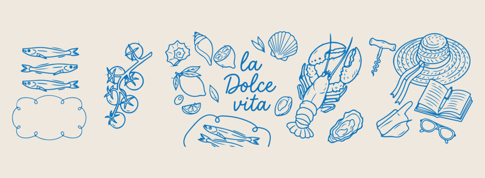 : la dolce vita seafood hand drawn illustration, blue line art lobster and seashell design, mediterranean lifestyle aesthetic graphic, creative nautical sketch art, modern decorative kitchen poster, v