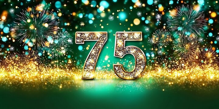 Stunning Celebration of 75th Anniversary with Colorful Fireworks and Glittering Golden Number 75