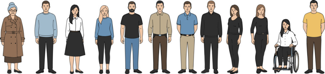 Fototapeta premium Cartoon people in diverse clothing styles including wheelchair user representing inclusion and community in vector illustration