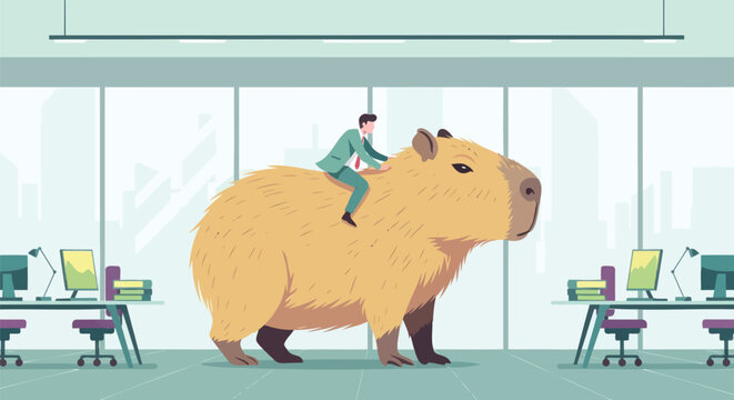 Man Riding Giant Capybara in Office Surreal Workplace Humor Illustration