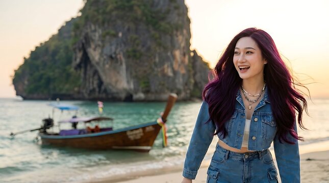 Young Asian woman with purple hair smiling on a tropical beach with a longtail boat and island at sunset.