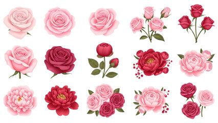 Naklejka premium Romantic Rose and Peony Icon Sheet, Soft Pink and Red Gradients, Elegant Floral Vector Set, Flat Design Flowers Isolated on a White Background