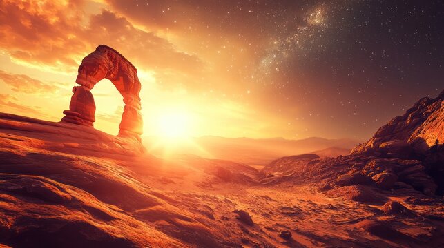 Dramatic sunset over a sandstone arch, illuminated by the sun, with a starry sky
