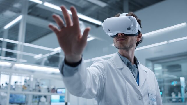 Scientist using virtual reality headset in laboratory