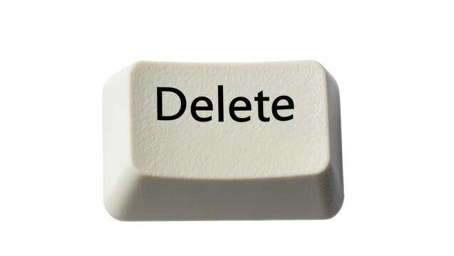 Single white computer keyboard delete key with black text, isolated on transparent background