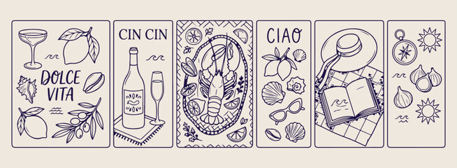 Seafood market ciao graphic vector, hand drawn mediterranean label line art, traditional italian store illustration, coastal lobster and food sketch, vintage nautical branding elements, aesthetic seaf © Geetaroy