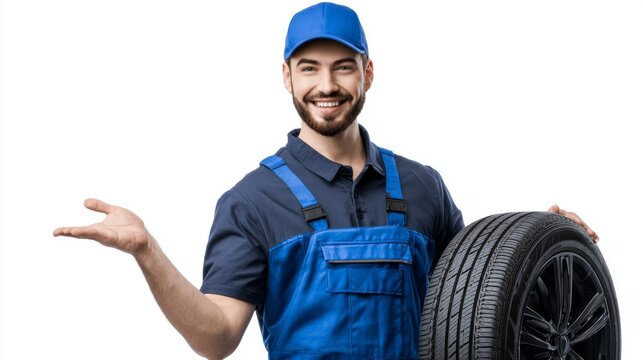 Smiling tire shop worker pointing at tire on white background