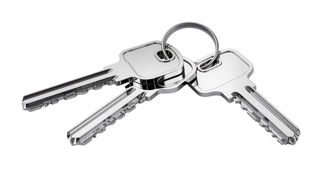 Set of three shiny silver metal keys on a ring, isolated on transparent background