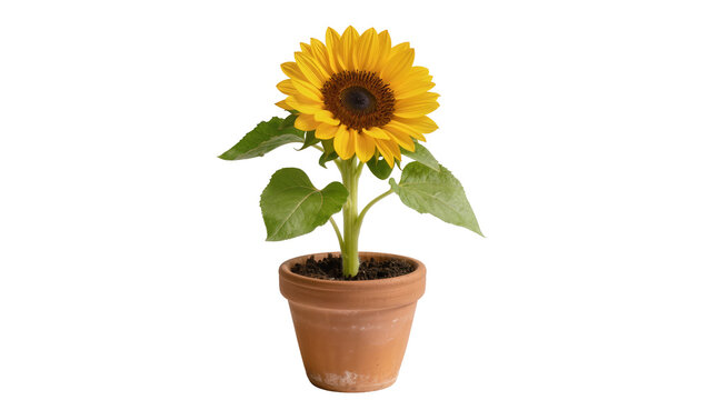 Single yellow sunflower in a terracotta pot, isolated on transparent background