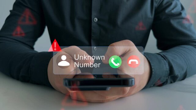 Unknown number tries to trick victim into sharing money or personal information. Cyber security alert, spam call warning.Phone scam concept showing fraud call risk, fake caller and data theft danger. 