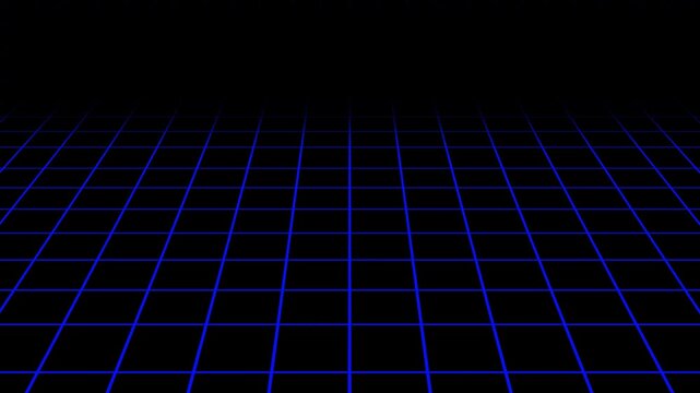 Abstract 3D infinite blue floor grid animation in 4K, seamless loop perspective lines on black background, futuristic tech environment for video editing and digital visuals