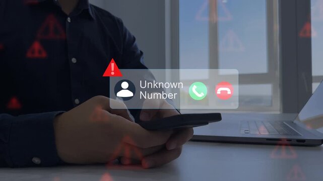 Phone scam concept showing fraud call risk, fake caller and data theft danger. Unknown number tries to trick victim into sharing money or personal information.Cyber security alert, spam call warning.