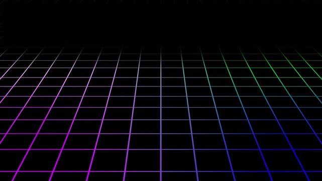 3D infinite grid floor looping animation in 4K resolution, 4 color gradient line perspective background with futuristic technology style for motion graphics, editing projects and digital scenes