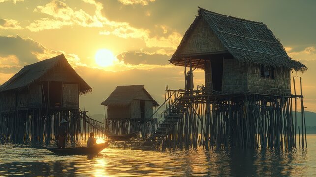 Rustic stilt houses on calm lake reflect warm sunset light. Figures and boats add life