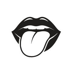 Black lips, tongue out, mouth, face, icon, vector graphic, illustration, symbol © Nazifa