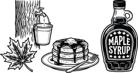 Vintage Maple Syrup Production and Breakfast Illustration © Raheela
