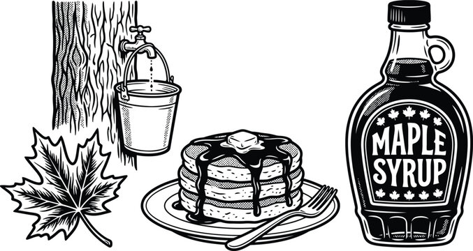 Vintage Maple Syrup Production and Breakfast Illustration
