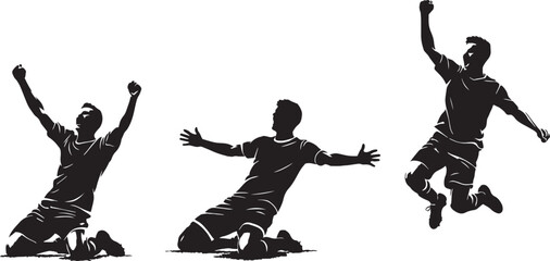 Obraz premium Athletic soccer player silhouettes celebrating goal, football players in winning poses, black and white sports vector set for competition and victory