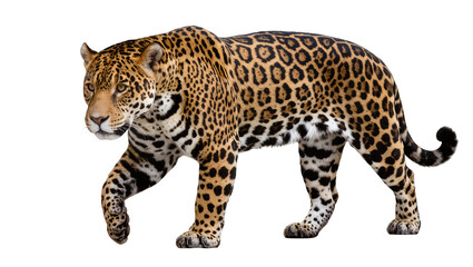 Majestic jaguar with spotted fur walking, isolated on transparent background © PROSTOCK