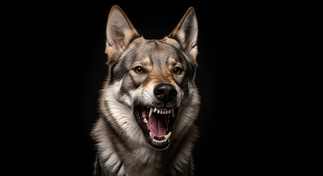 Fierce wolf dog snarling with bared teeth, aggressive expression, dark background