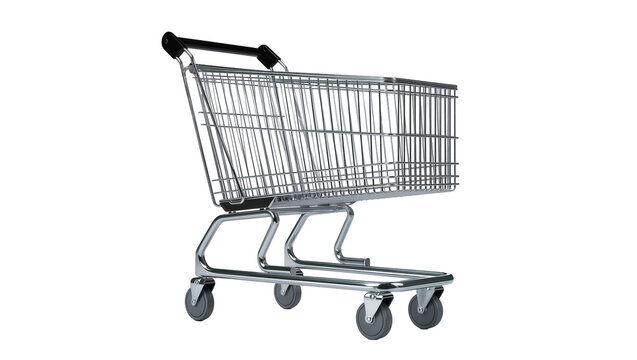 Empty metal shopping cart with black handles, isolated on transparent background