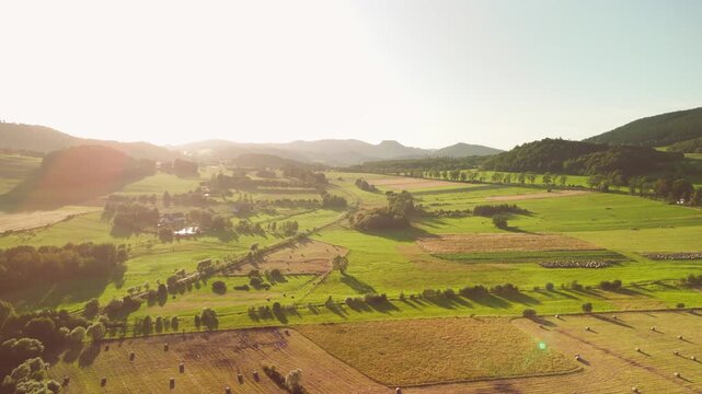 Aerial Drone View of Agricultural Fields in Mountainous Lower Silesia at Sunset, Golden Hour Landscape