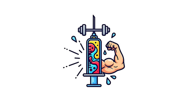 Cartoon illustration of a syringe with barbell and muscular arm on a white background design concept