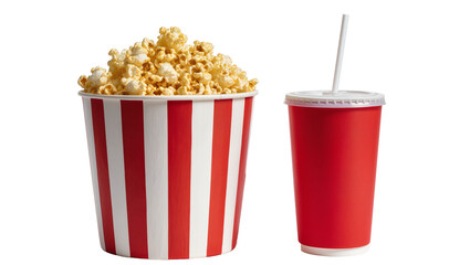 Red and white striped popcorn bucket with caramel popcorn red soda cup with straw, isolated on transparent background © PROSTOCK