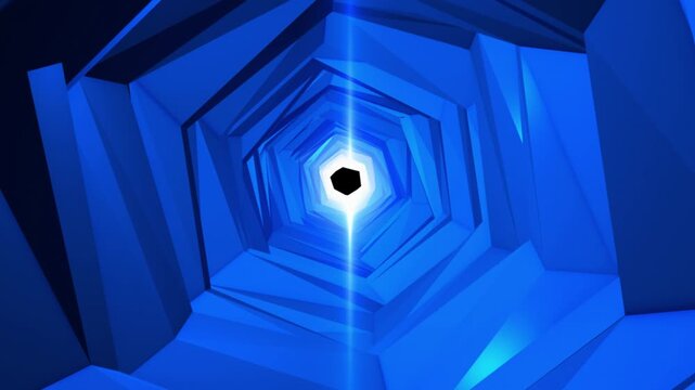 Futuristic blue polygon tunnel with a bright center and lens flare, creating a geometric sci-fi corridor with depth and perspective